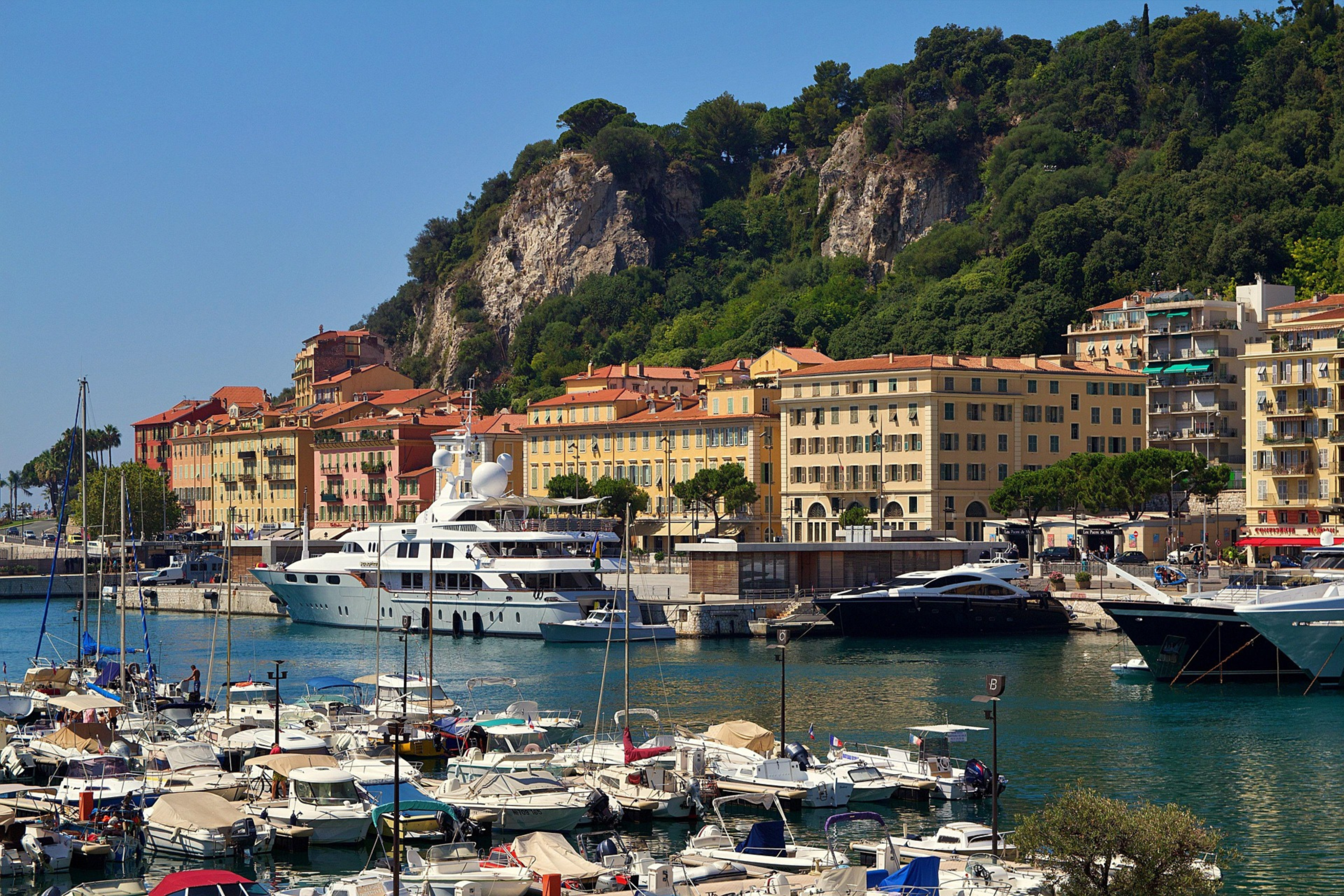 A harbor filled with yachts and boats, with colorful buildings and a green, rocky cliff in the background.