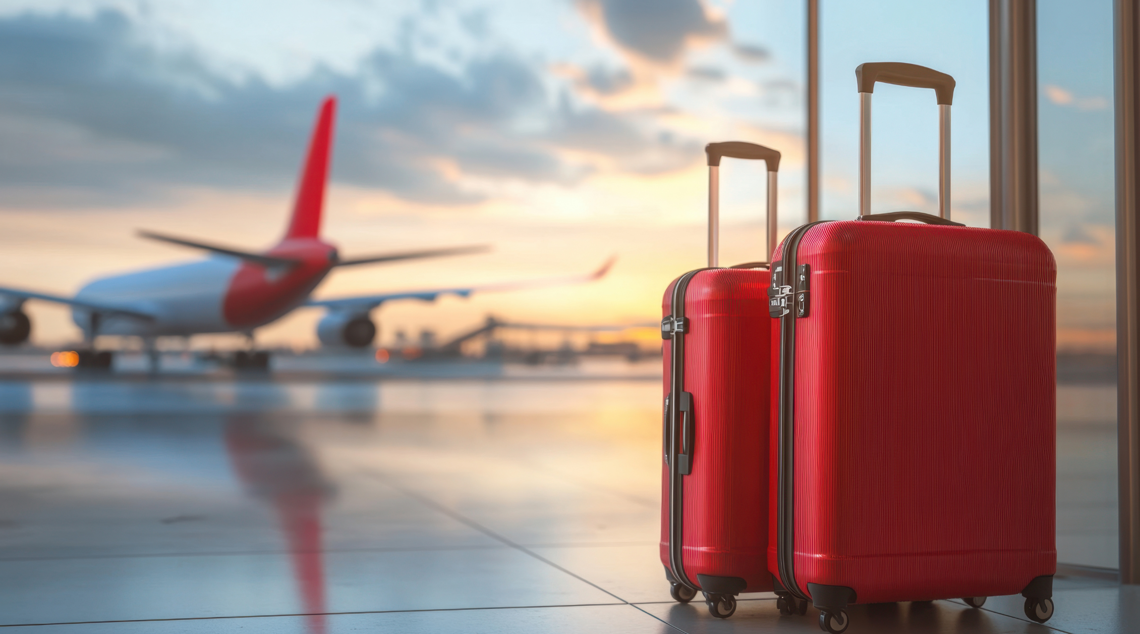 Two red suitcases stand in an airport terminal with an airplane visible on the tarmac outside.