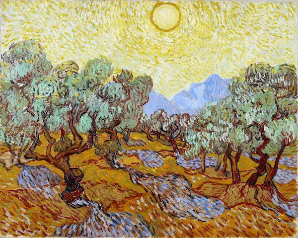 A vibrant painting of an olive grove under a bright yellow sun, with twisted trees and distant blue mountains.
