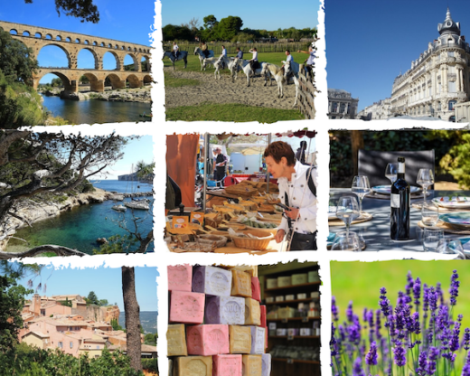 Collage of Provence scenes: Pont du Gard aqueduct, horseback riders, city buildings, coastal cove, market stall, outdoor dining, village, soaps, and lavender field.