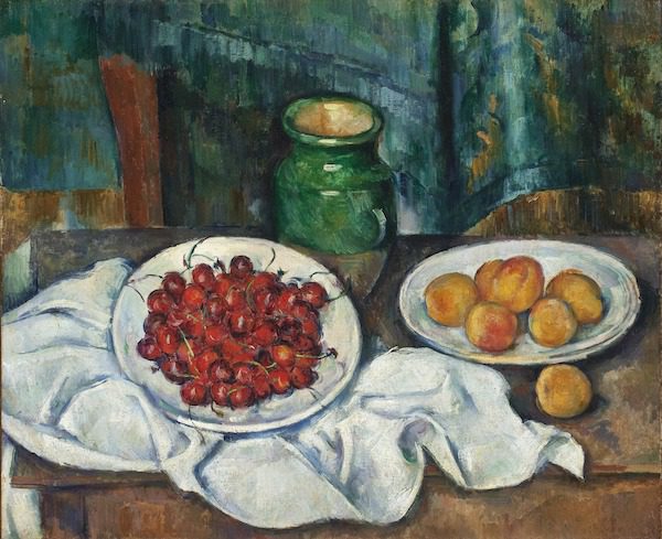 A still life painting featuring a plate of cherries and a plate of peaches, with a green jug in the background.