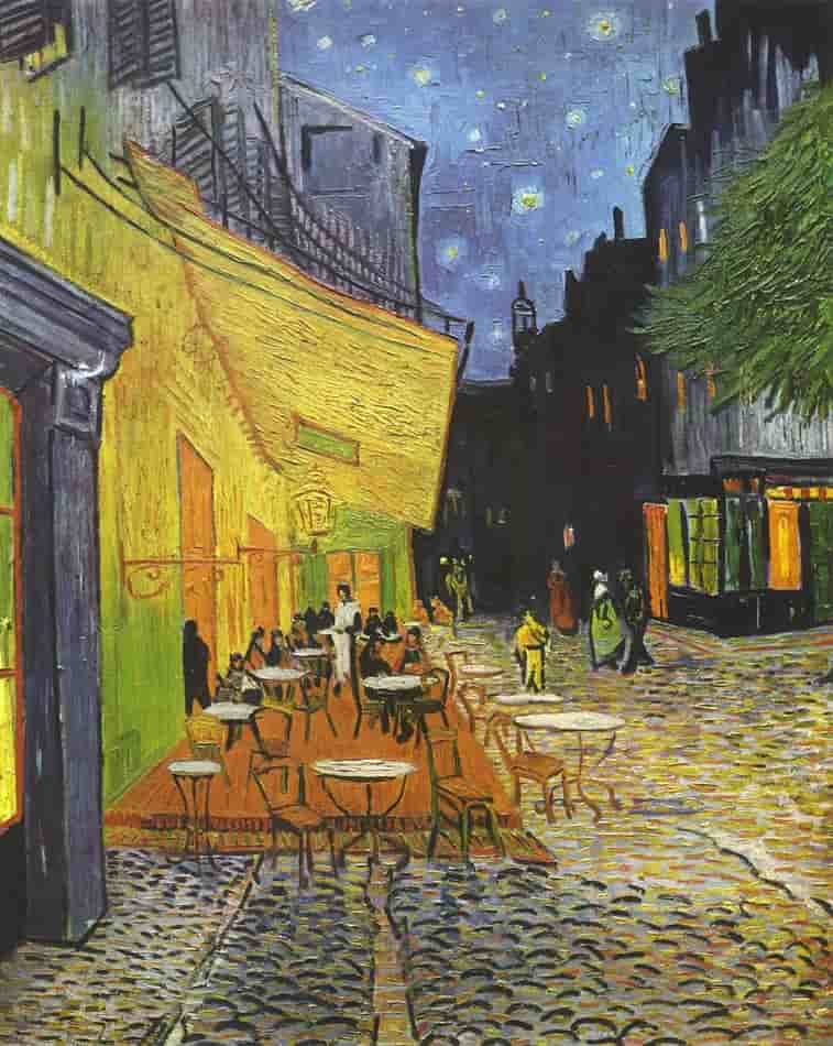 A vibrant painting of a bustling outdoor cafe at night, with patrons seated at tables under a starry sky.
