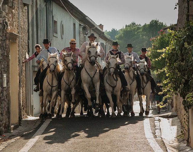 A group of people in hats ride white horses down a narrow, sun-dappled street lined with stone buildings and greenery.