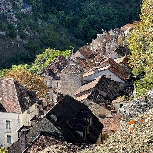 A densely packed village with terracotta roofs cascades down a hillside, surrounded by lush green trees.