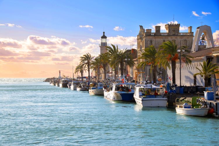 Fishing boats docked in a harbor with palm trees and historic buildings lining the waterfront under a sunset sky.