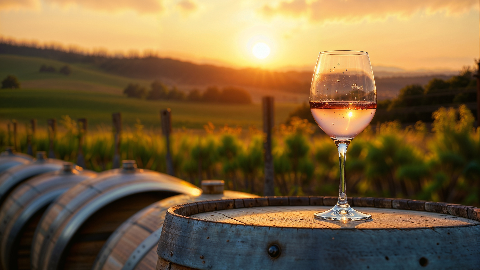 A glass of rosé wine rests on a wine barrel at sunset with rows of vineyards in the background