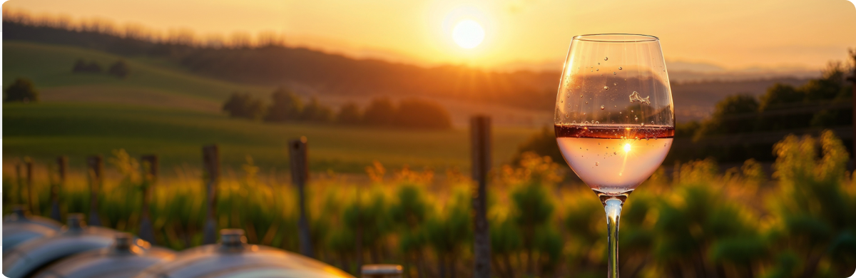 A glass of rose wine sits in front of a vineyard at sunset with the sun reflecting in the glass.