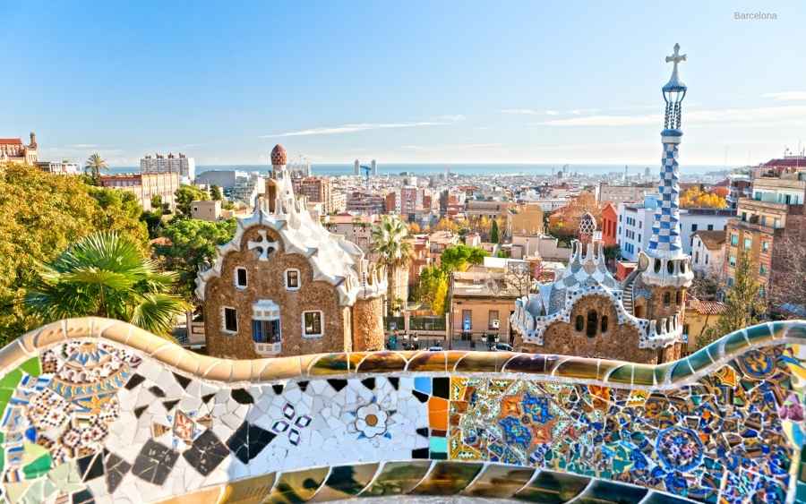 Gaudi architecture park in Barcelona overlooking the city and sea.