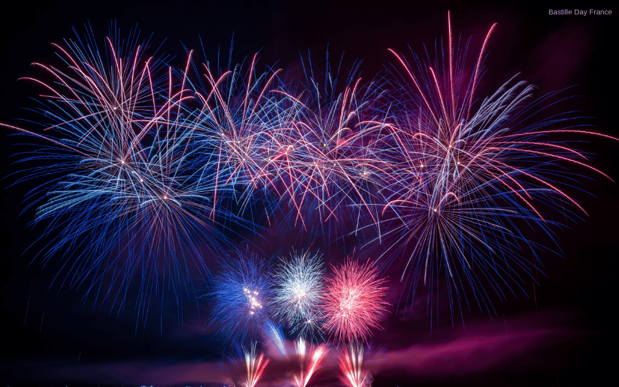 Colorful fireworks explode in shades of blue and pink against a dark night sky.