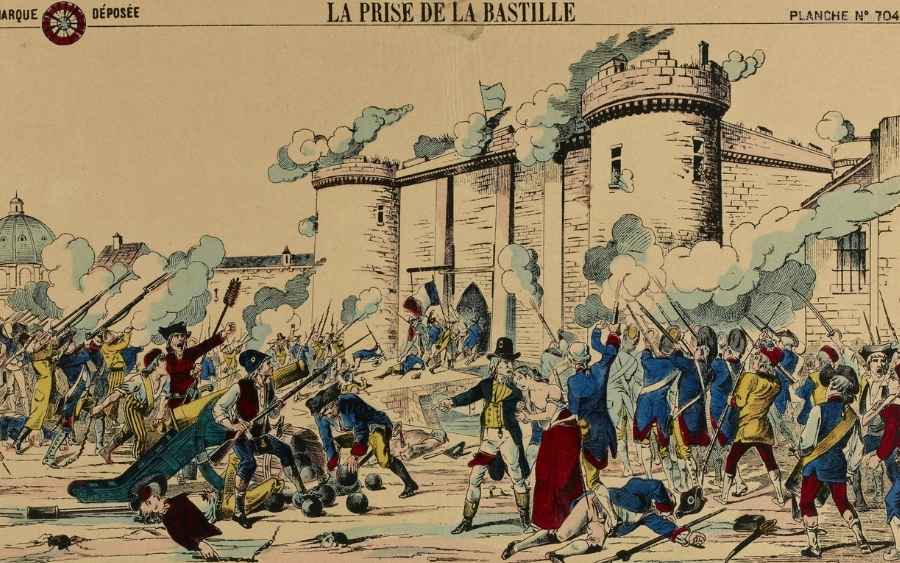 La Prise de la Bastille, a historical illustration depicting the storming of the Bastille fortress with smoke and gunfire.