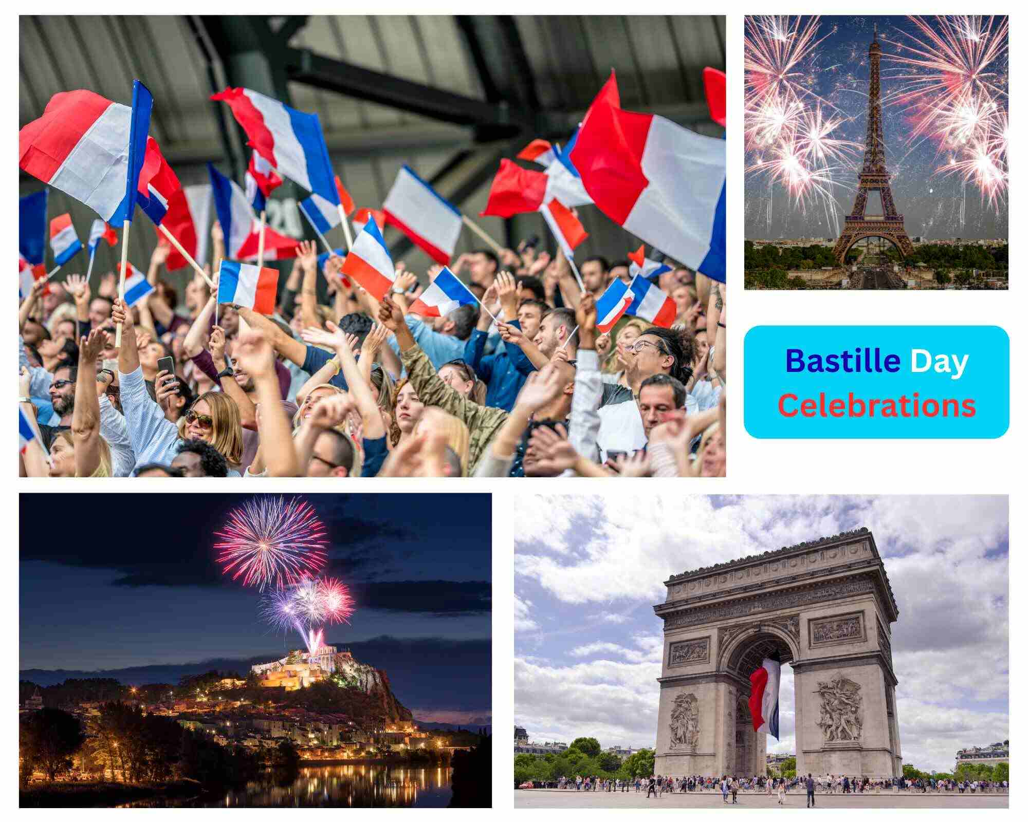 Collage: People celebrating with French flags in hand, fireworks at Eiffel Tower and hilltop town, French flag hanging under Arc de Triomphe