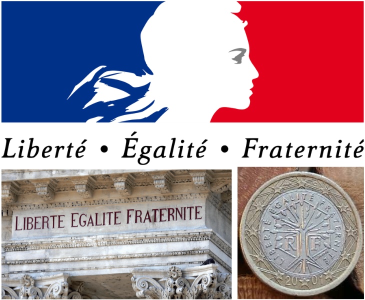 Liberte Egalite Fraternite on Euro coin and stone lintel of building