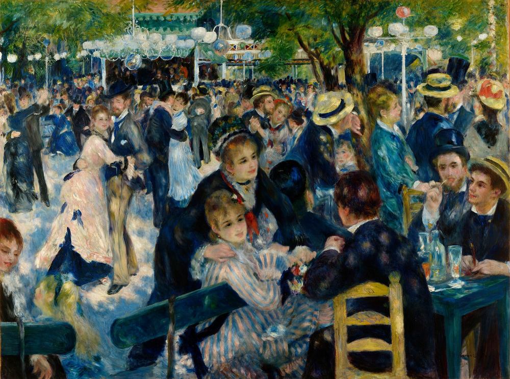 A lively outdoor scene with people dancing and dining under a canopy