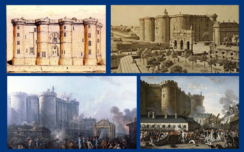 Collage of historic renderings of medieval castle fortress, and soldiers attacking the castle