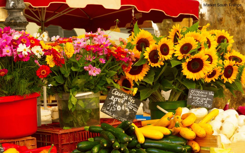 Flower market in a European square with a clock tower and colorful buildings.