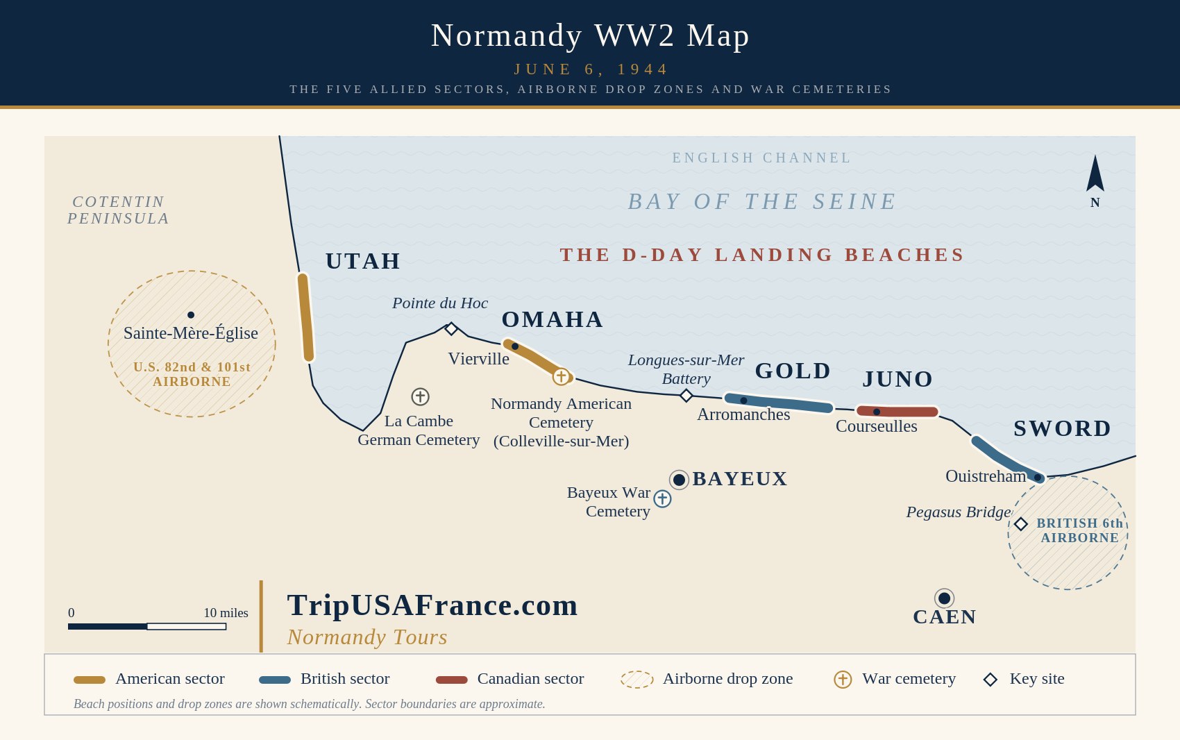 Map of the Five D-Day Landing Beaches WW2 Normandy and key sites during Operation Overlord