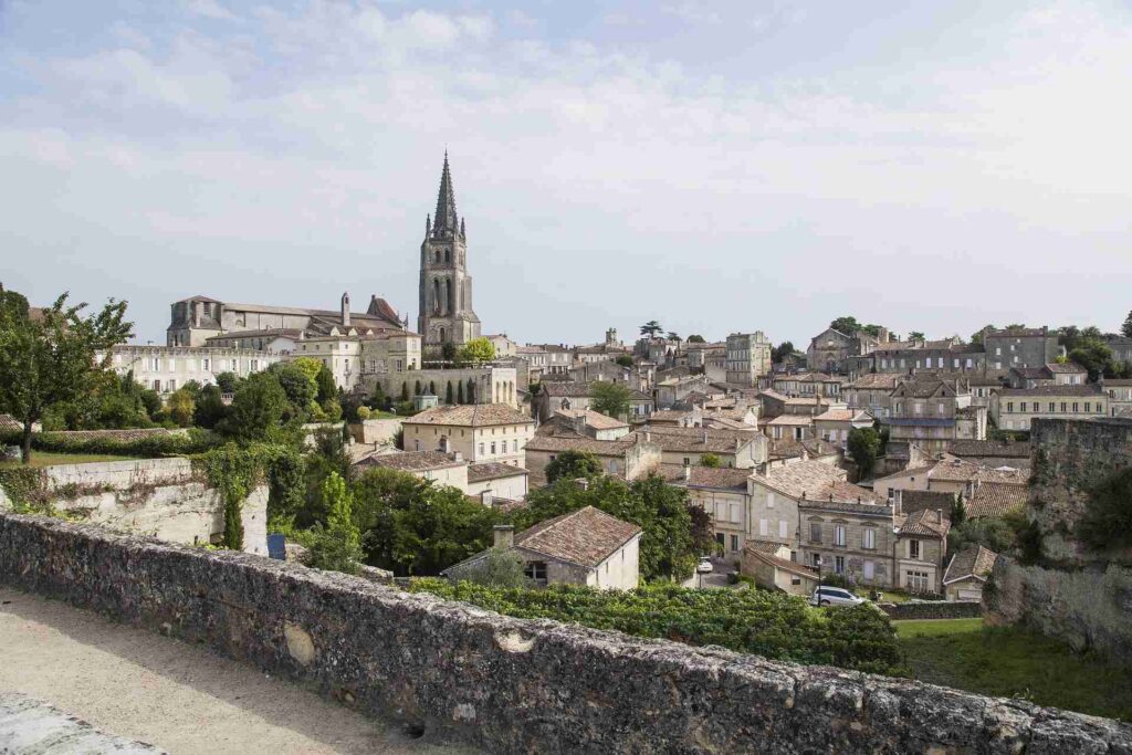 Vineyard rows planted right up to the village edge in St Emilion with church steeple and rooftops in the background