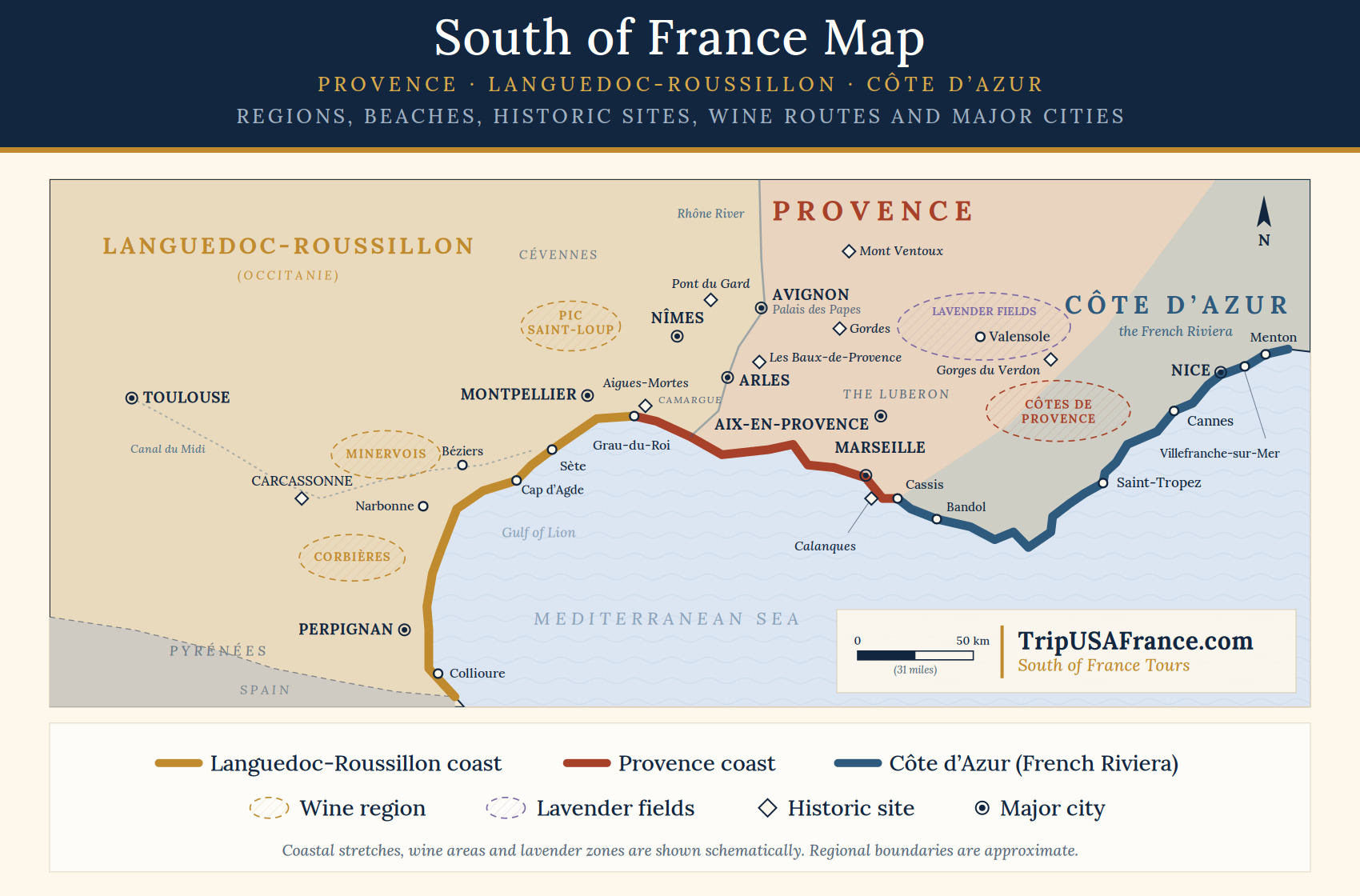 Map of the South of France showing the Languedoc-Roussillon, Provence, and Cote dAzur regions with cities, wine regions, and lavender fields.