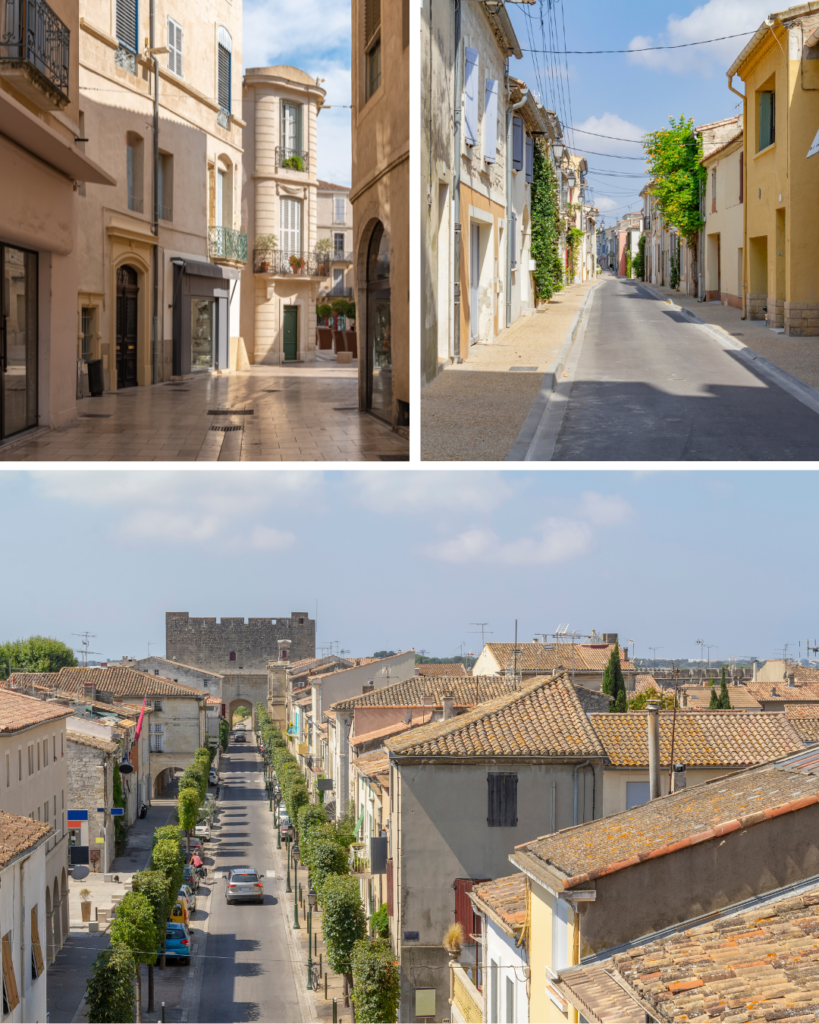 Quiet streets inside the walled town of Aigues-Mortes, and a view over tiled rooftops down a tree-lined street to a fortified gate