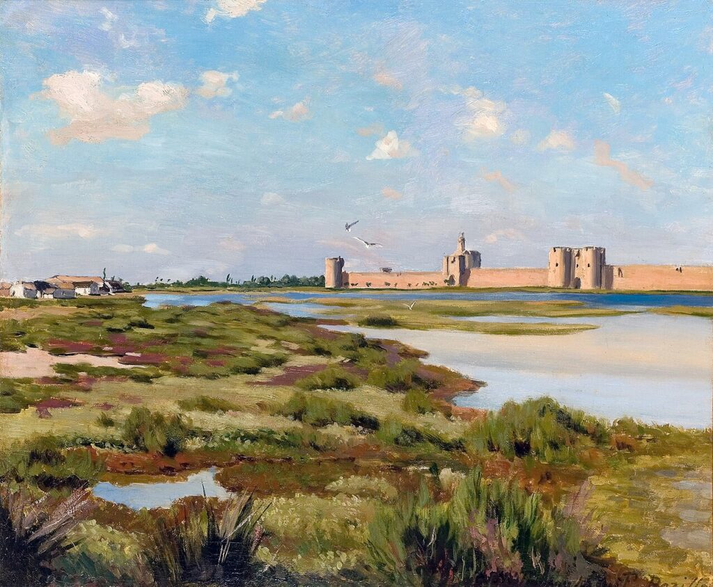 Painting of Aigues-Mortes ramparts and marshland by Frédéric Bazille
