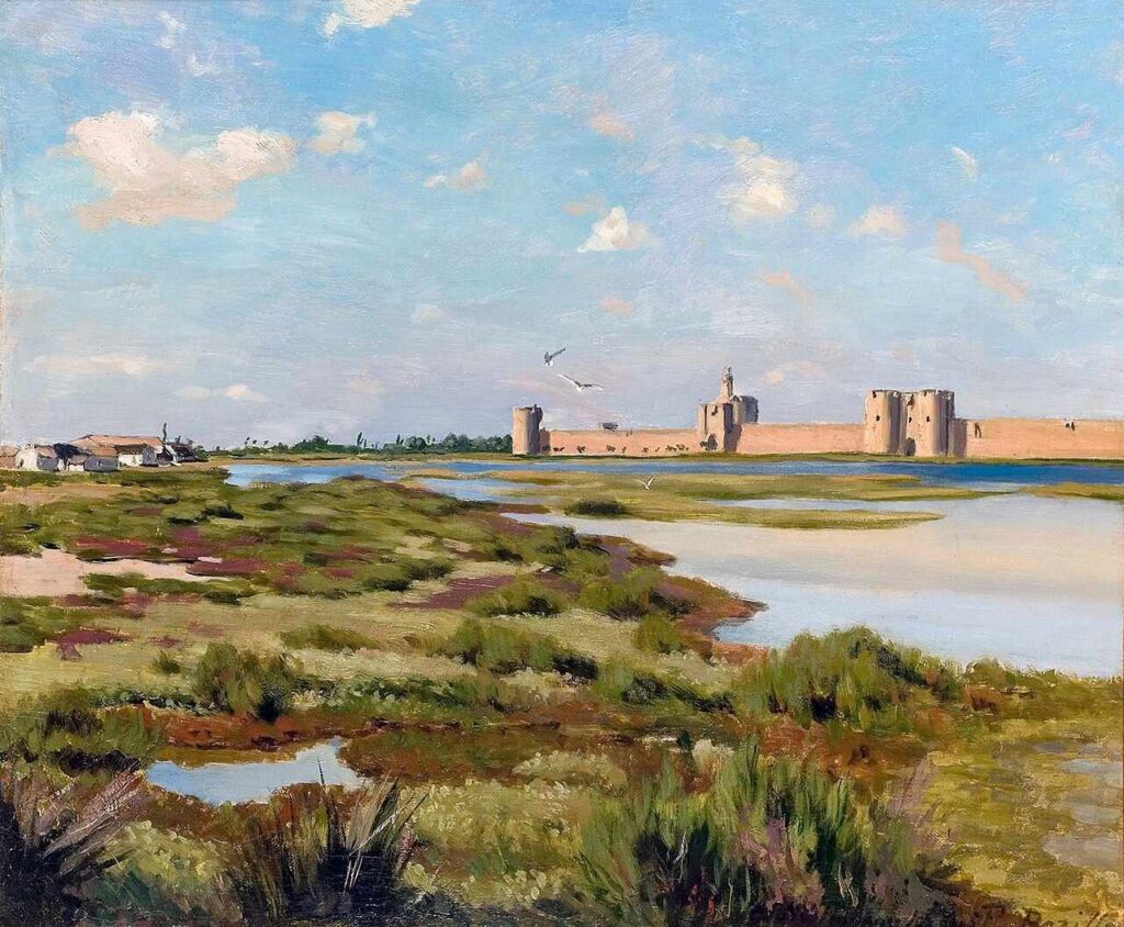 Painting of Aigues-Mortes ramparts and marshland by Frédéric Bazille