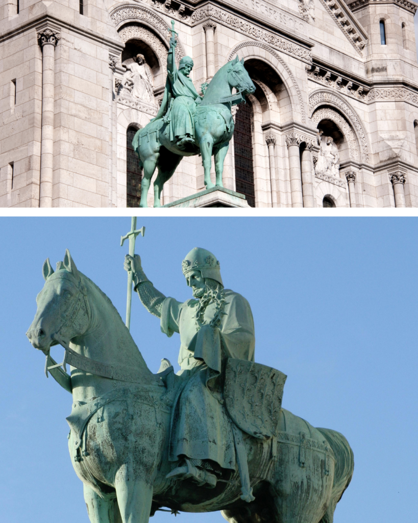 Two images at different distances of the green-colored Statue of Saint Louis on the white limestone facade of Sacré Coeur in Paris
