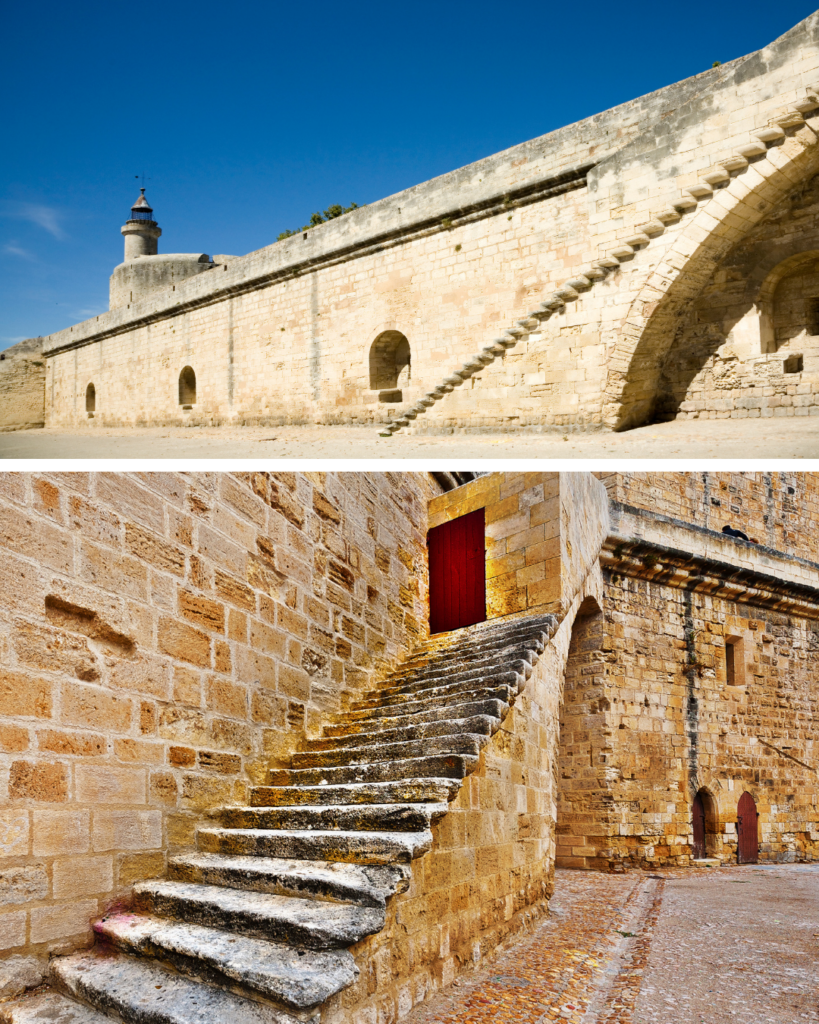 Inside the ramparts of Aigues-Mortes: the Tower of Constance and its lighthouse turret, and a stone staircase climbing the walls