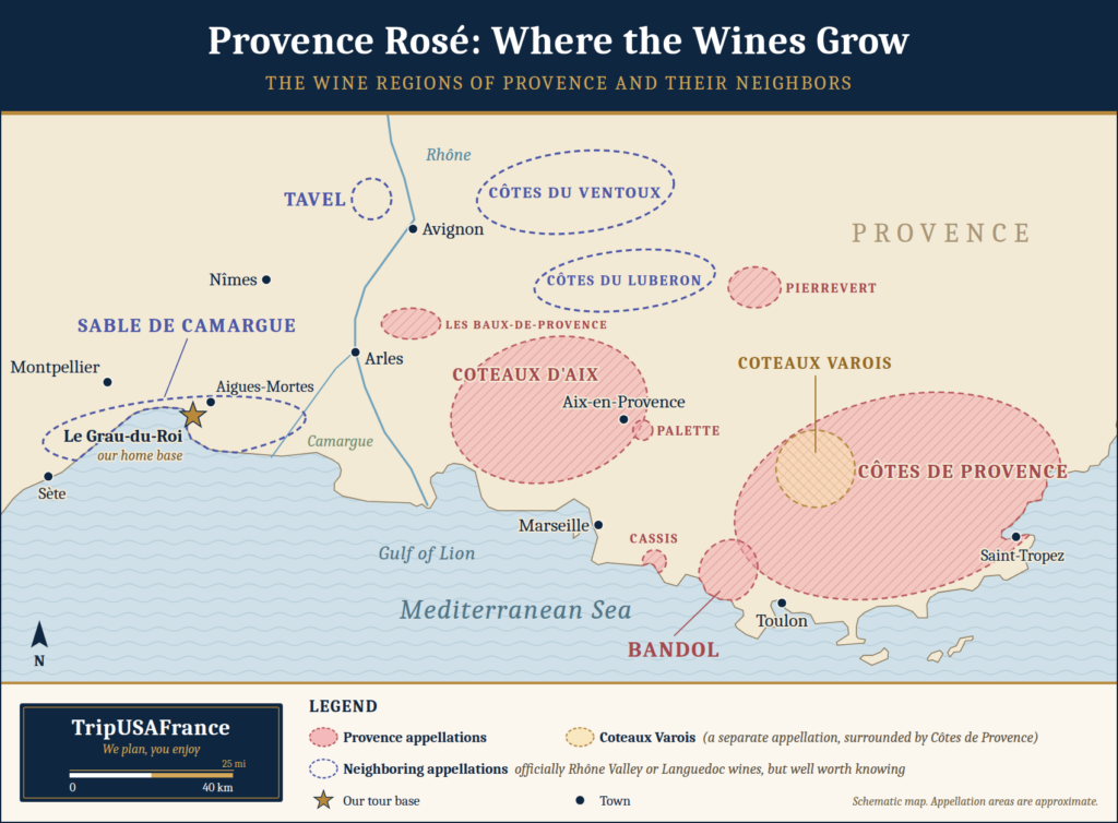 Provence Rosé wine regions map showing appellations and towns along the Mediterranean coast and inland areas.